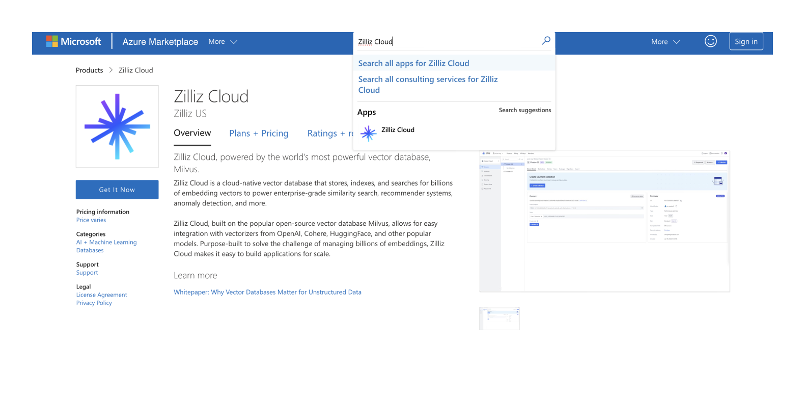 search_for_zilliz_on_azure
